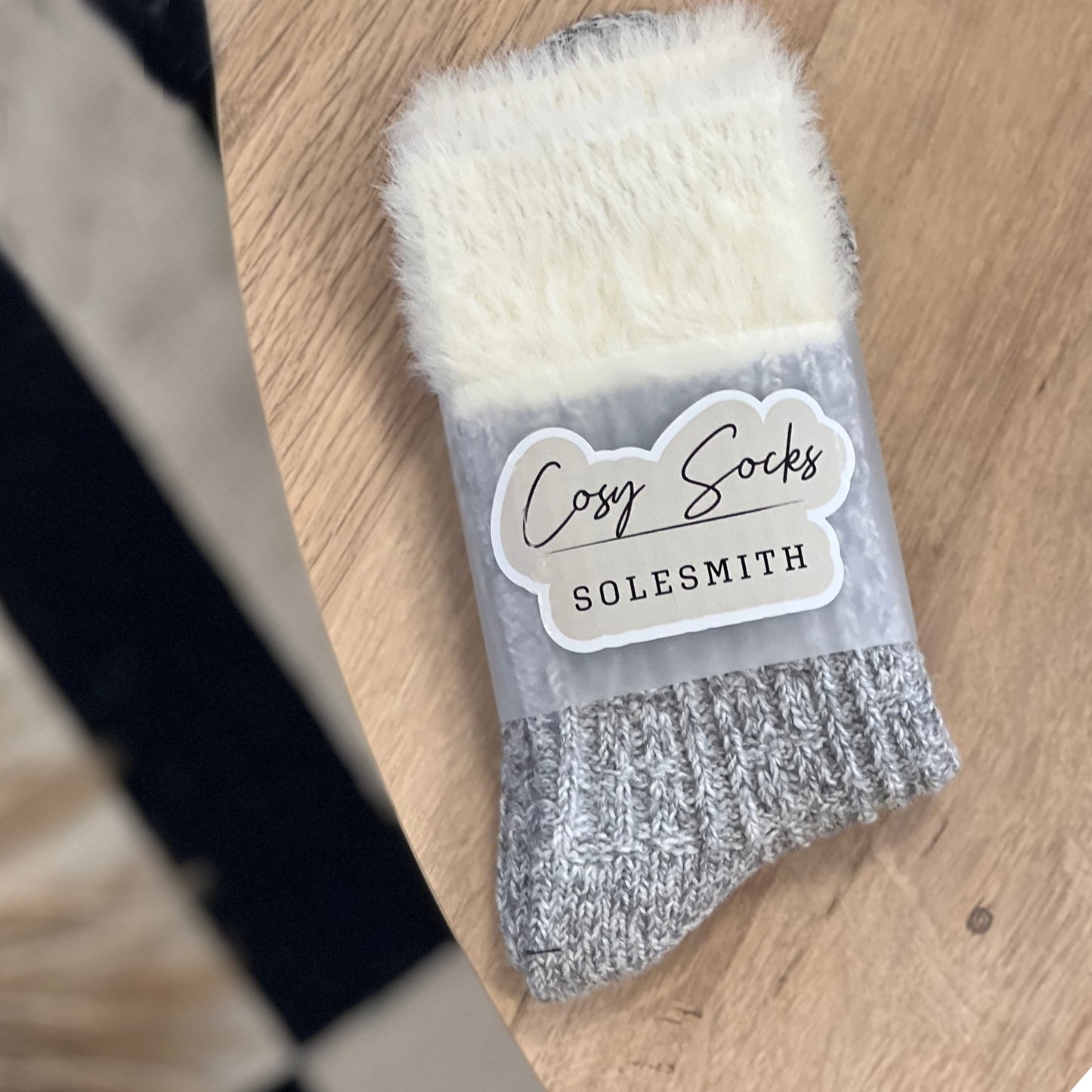 Grey and Cream Cozy Socks With Fluffy Cuff