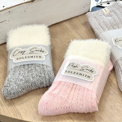 Grey and Cream Cozy Socks With Fluffy Cuff